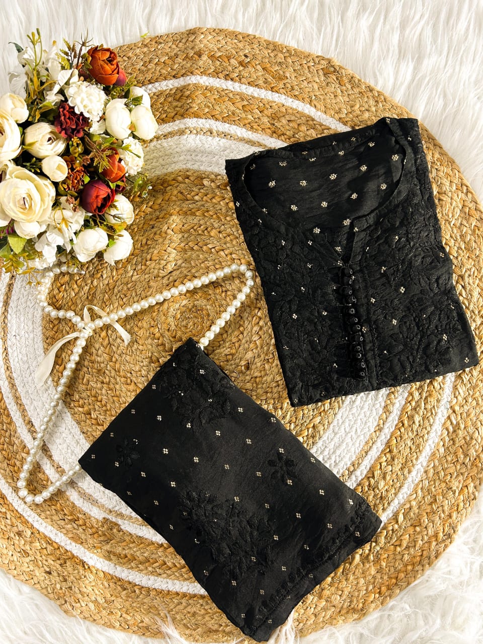 AAI Planet Chanderi Coord Set Black With Chikan Work